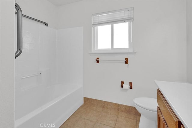 full bathroom featuring toilet, vanity, shower / bathtub combination, and tile patterned floors
