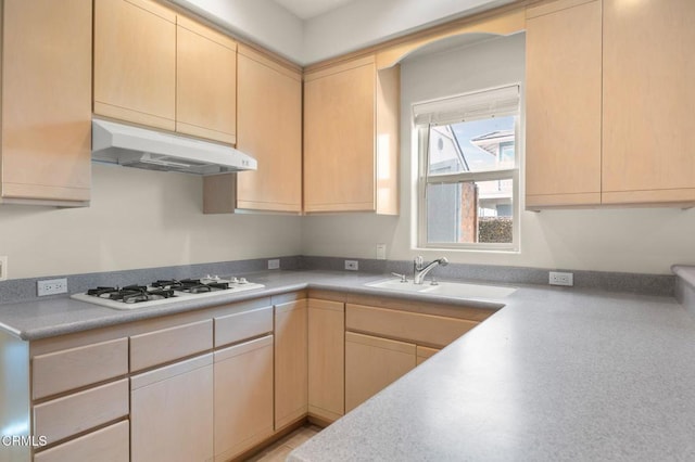 kitchen with light brown cabinetry, white gas cooktop, under cabinet range hood, and a sink