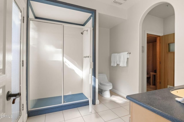 bathroom featuring tile patterned floors, visible vents, toilet, a stall shower, and vanity