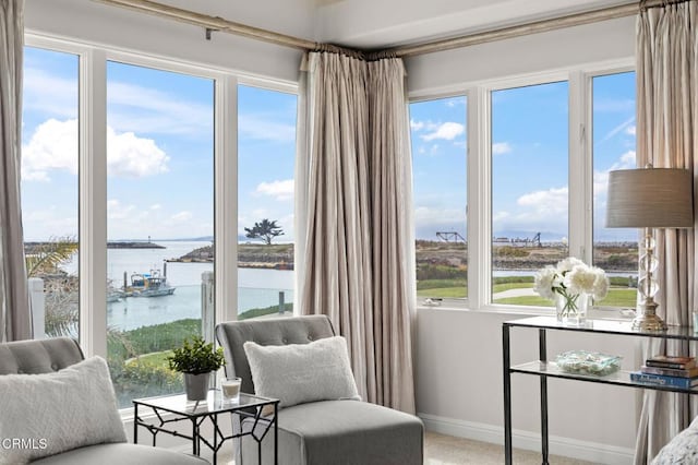 living area with baseboards, a water view, and carpet floors