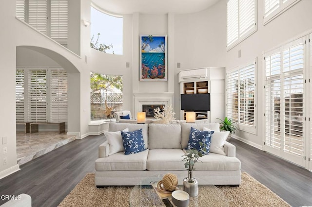 living area featuring a glass covered fireplace, a healthy amount of sunlight, a towering ceiling, and wood finished floors