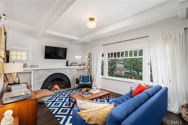 living area with a fireplace, wood finished floors, a healthy amount of sunlight, and beam ceiling