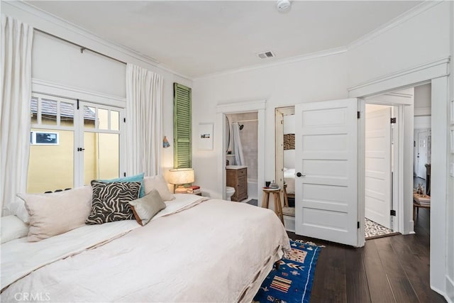 bedroom with visible vents, ornamental molding, and dark wood-style flooring