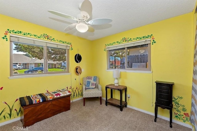 living area featuring a ceiling fan, baseboards, carpet floors, and a textured ceiling