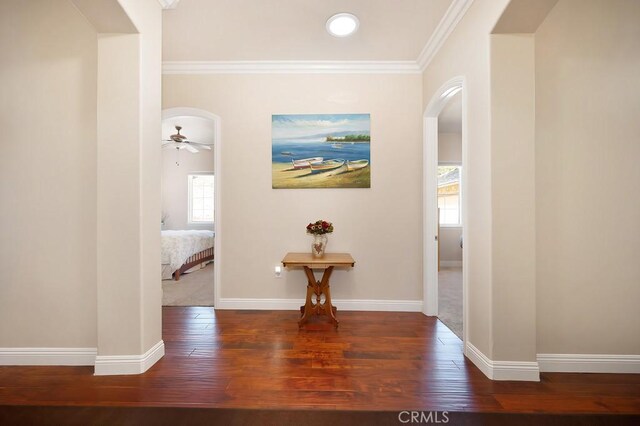 hall with baseboards, arched walkways, crown molding, and hardwood / wood-style flooring