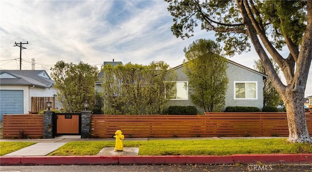 view of yard with a fenced front yard and a gate