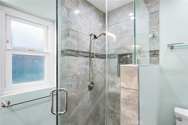 bathroom with a shower stall and toilet