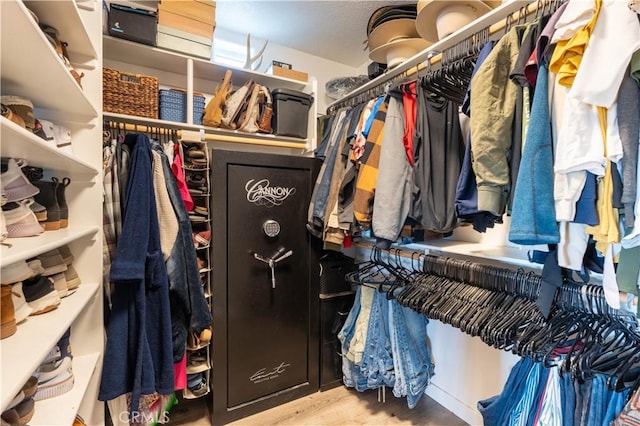 walk in closet with wood finished floors