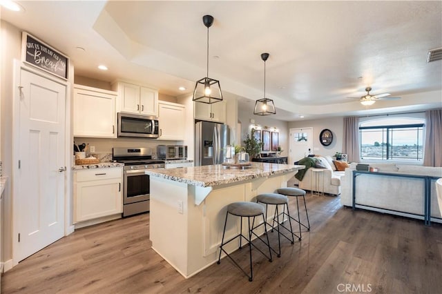 kitchen with a kitchen island, a breakfast bar, appliances with stainless steel finishes, white cabinetry, and a raised ceiling