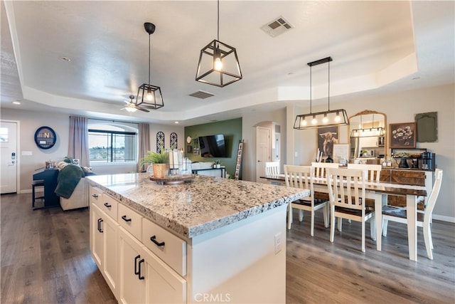 kitchen featuring a tray ceiling, visible vents, open floor plan, and arched walkways