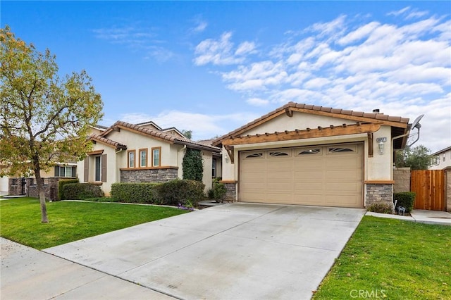 view of front of house with a front yard, stone siding, driveway, and stucco siding