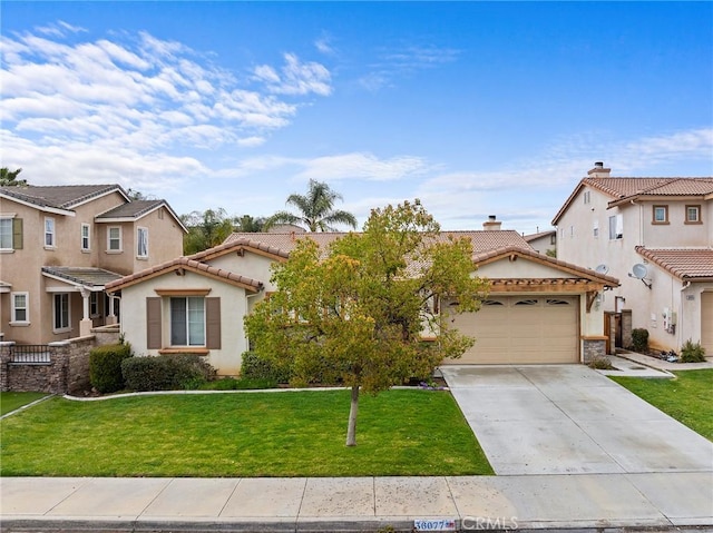 view of front of house with a tile roof, a front lawn, driveway, and stucco siding