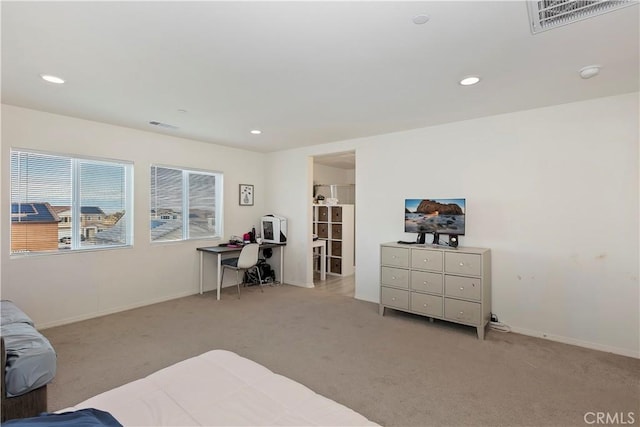 bedroom with recessed lighting, carpet, and visible vents