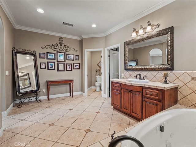 full bath with tile patterned floors, visible vents, toilet, and crown molding