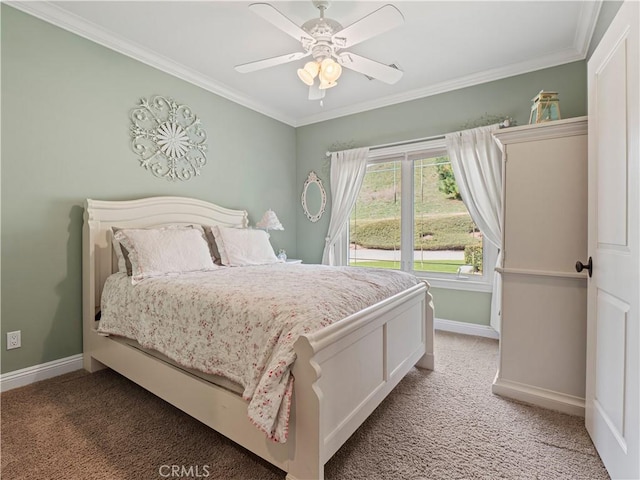 bedroom with light colored carpet, baseboards, and ornamental molding