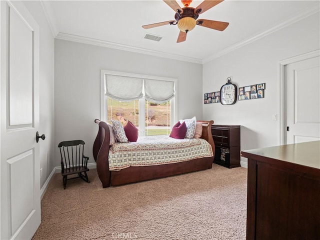 bedroom with light colored carpet, visible vents, and ornamental molding