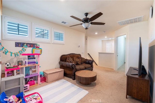 6594 June Mountain Way, Jurupa Valley, CA 92509 - living area with recessed lighting, visible vents, carpet floors, and a ceiling fan