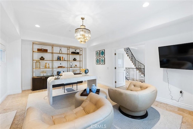 office area with recessed lighting, baseboards, and a chandelier