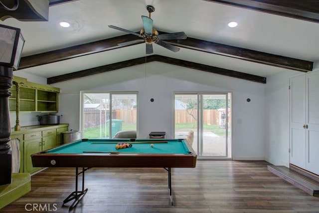 game room featuring baseboards, lofted ceiling with beams, wood finished floors, billiards, and a ceiling fan