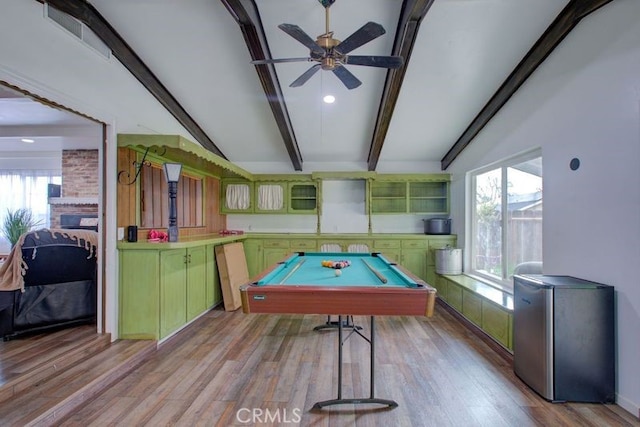 recreation room featuring pool table, light wood-type flooring, lofted ceiling with beams, and ceiling fan