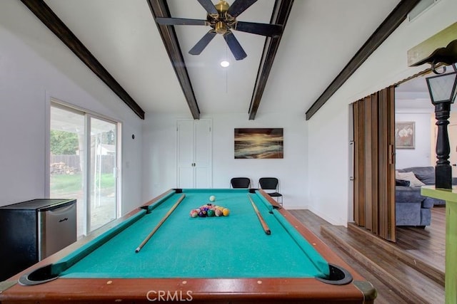 game room featuring beam ceiling, billiards, ceiling fan, and wood finished floors