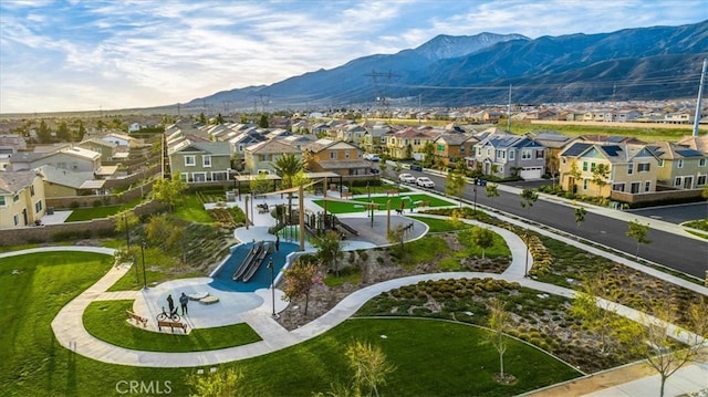 aerial view with a mountain view and a residential view