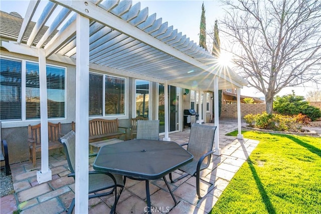 view of patio featuring outdoor dining area, fence, grilling area, and a pergola