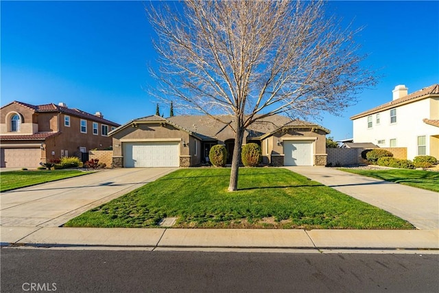 view of front of property with concrete driveway, an attached garage, a front yard, and a residential view