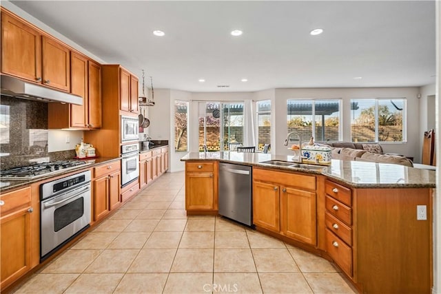 kitchen with dark stone countertops, light tile patterned floors, a sink, under cabinet range hood, and appliances with stainless steel finishes