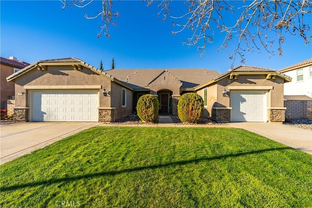 single story home featuring a garage, stone siding, a front yard, and driveway