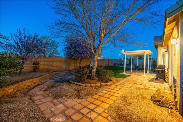 view of yard with a fenced backyard and a patio area