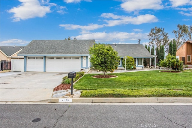 view of front of property with concrete driveway, a garage, fence, and a front yard