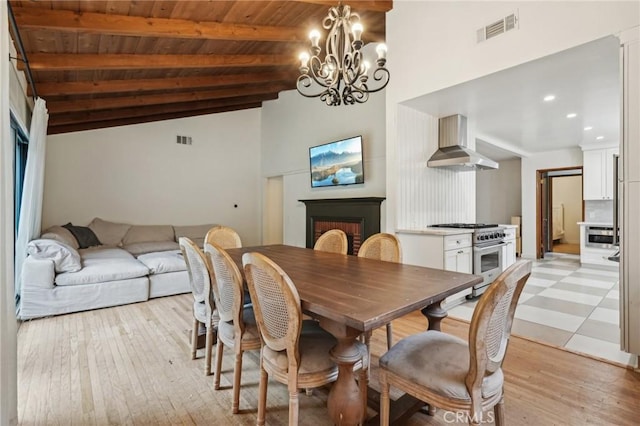 dining space with visible vents, light wood-style flooring, vaulted ceiling with beams, a fireplace, and wooden ceiling