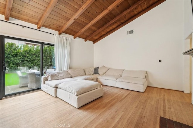 living room with beam ceiling, visible vents, wood ceiling, and wood finished floors