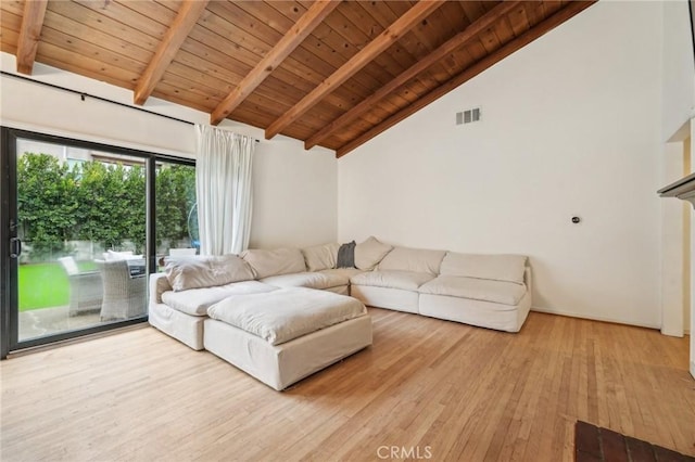 living room with hardwood / wood-style floors, visible vents, vaulted ceiling with beams, and wooden ceiling