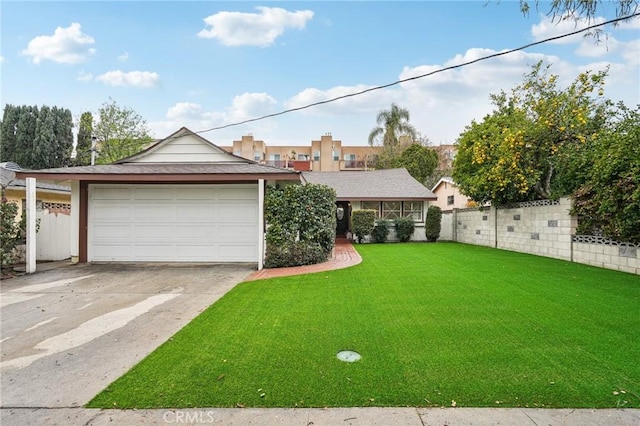 ranch-style house featuring concrete driveway, a front lawn, and fence