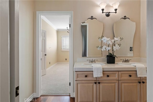 bathroom featuring crown molding, double vanity, baseboards, and a sink