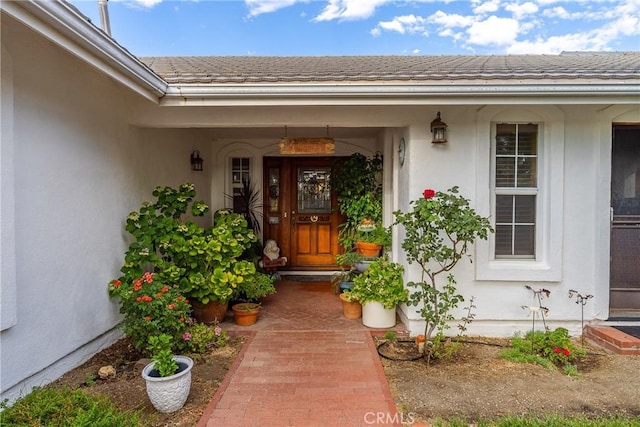 doorway to property with covered porch, stucco siding, and a tile roof