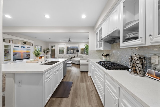 kitchen featuring gas cooktop, a sink, under cabinet range hood, dishwasher, and open floor plan