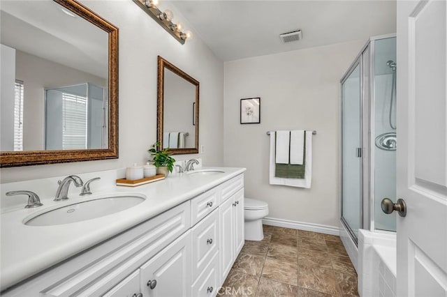 full bathroom featuring a sink, visible vents, and a shower stall