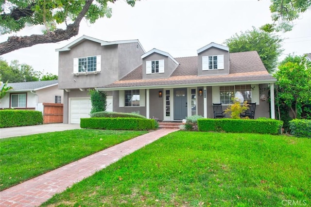 cape cod home with a front lawn, concrete driveway, fence, and a porch