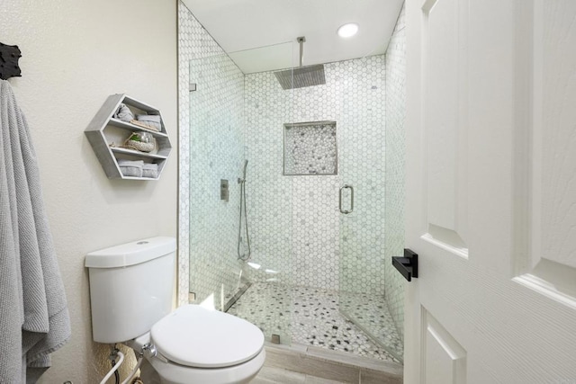 bathroom featuring toilet and a shower stall