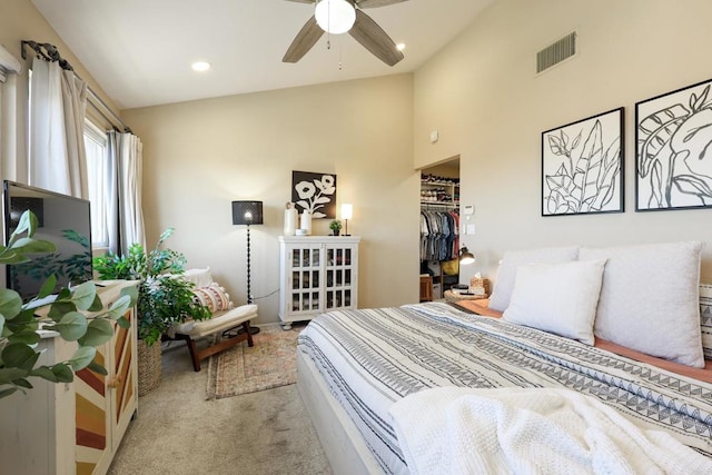 bedroom with visible vents, ceiling fan, lofted ceiling, light carpet, and recessed lighting