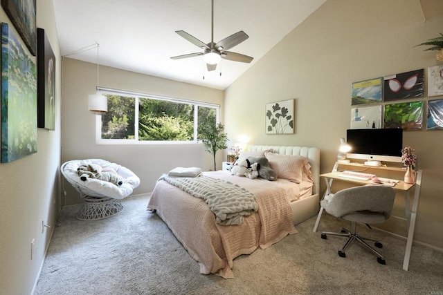 bedroom with lofted ceiling, carpet flooring, and a ceiling fan