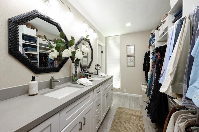 bathroom with a walk in closet, double vanity, wood finished floors, and a sink