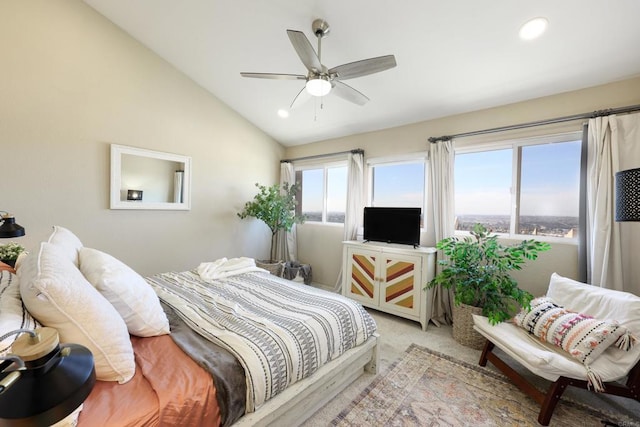 bedroom with recessed lighting, lofted ceiling, light colored carpet, and a ceiling fan