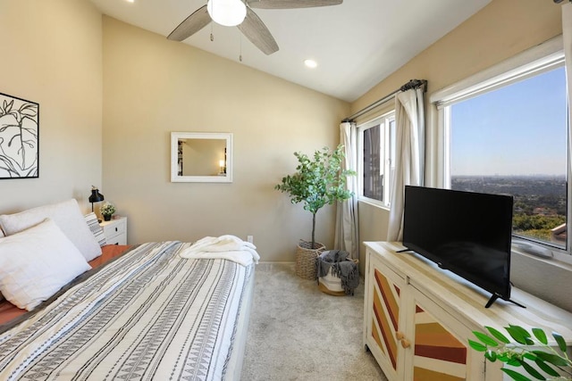 bedroom with light carpet, recessed lighting, ceiling fan, and lofted ceiling