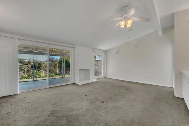 unfurnished living room featuring vaulted ceiling with beams, a ceiling fan, baseboards, and carpet floors