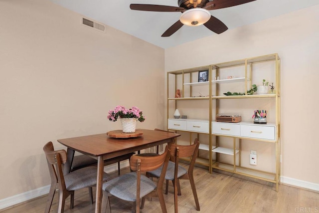 dining area featuring ceiling fan, light wood-style floors, visible vents, and baseboards