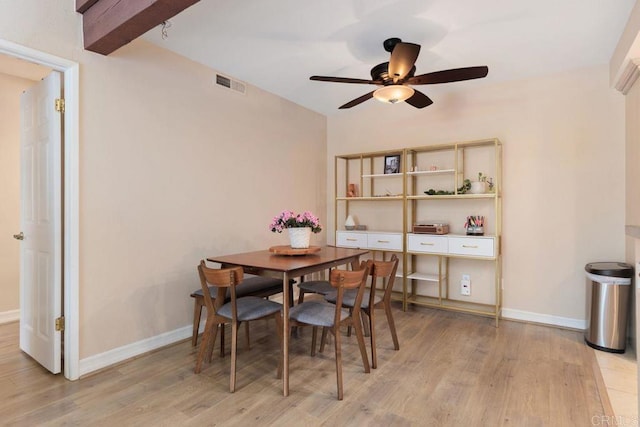 dining space featuring light wood-type flooring, visible vents, baseboards, and a ceiling fan